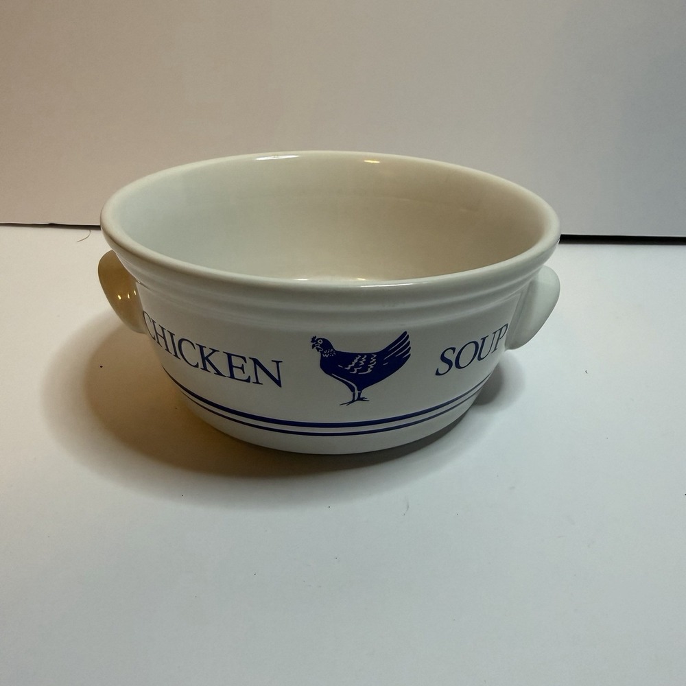 Vintage Chicken Soup Bowl FTD Korea Farmhouse Rooster Blue White